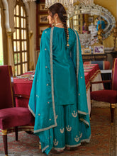 Teal Embroidered Straight Kurta Palazzos With Dupatta set